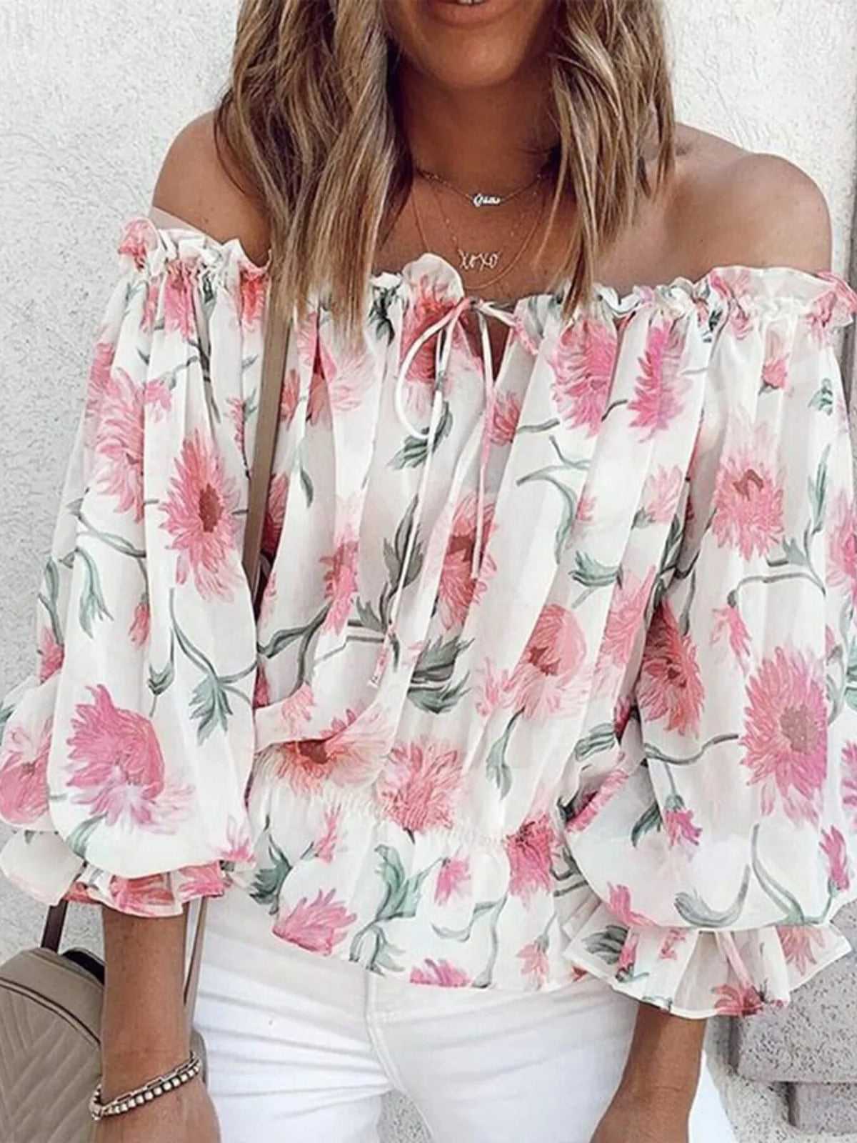 Off-Shoulder Floral Print Blouse - Ladyez