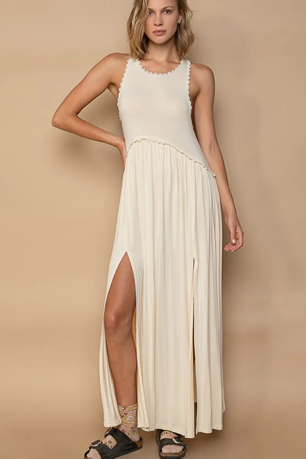 POL Sleeveless Back Zipper Front Slit Maxi Dress - Ladyez