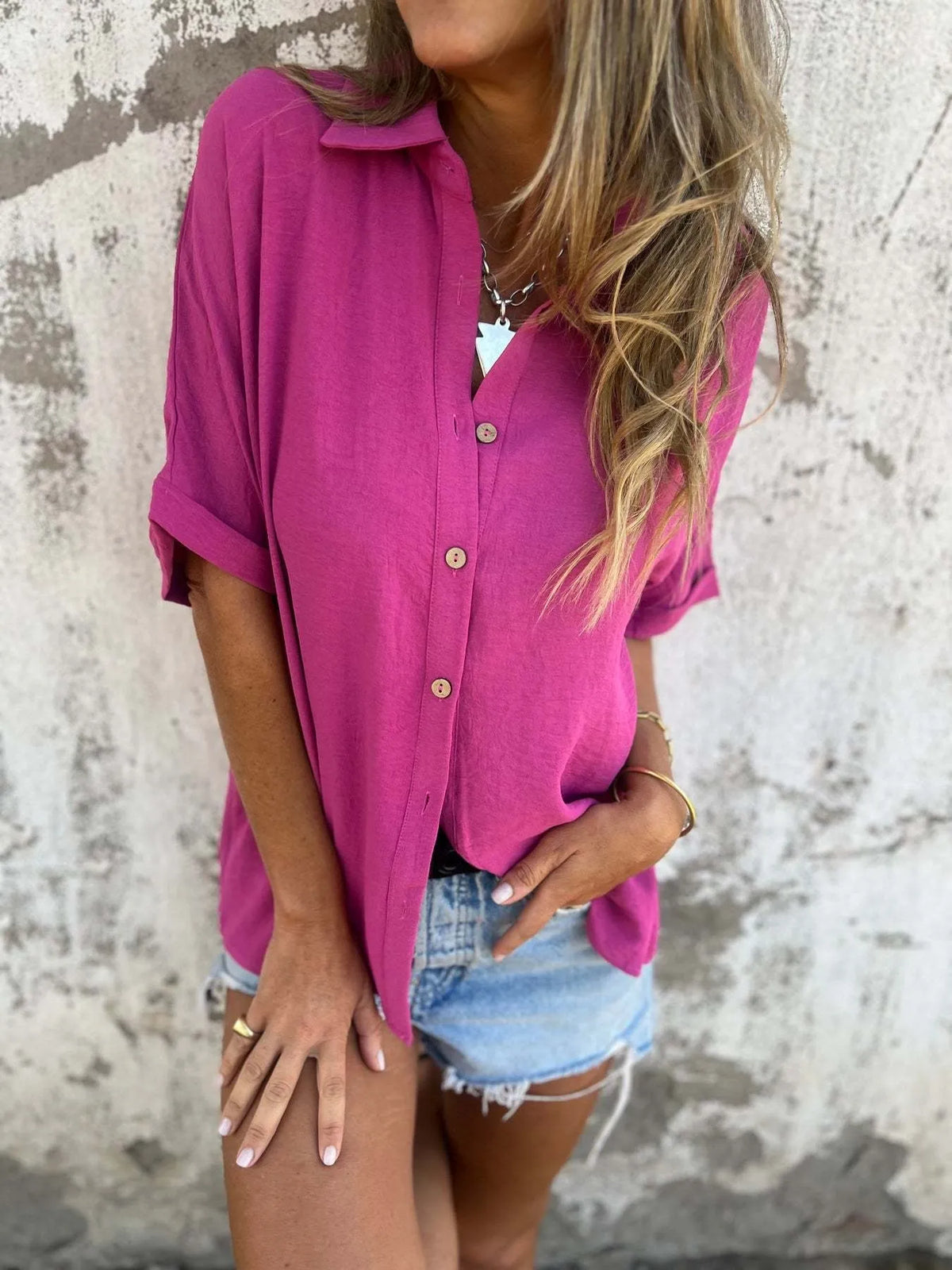 Full Size Casual Button Down Short Sleeve Loose Shirt Plus Size - Ladyez