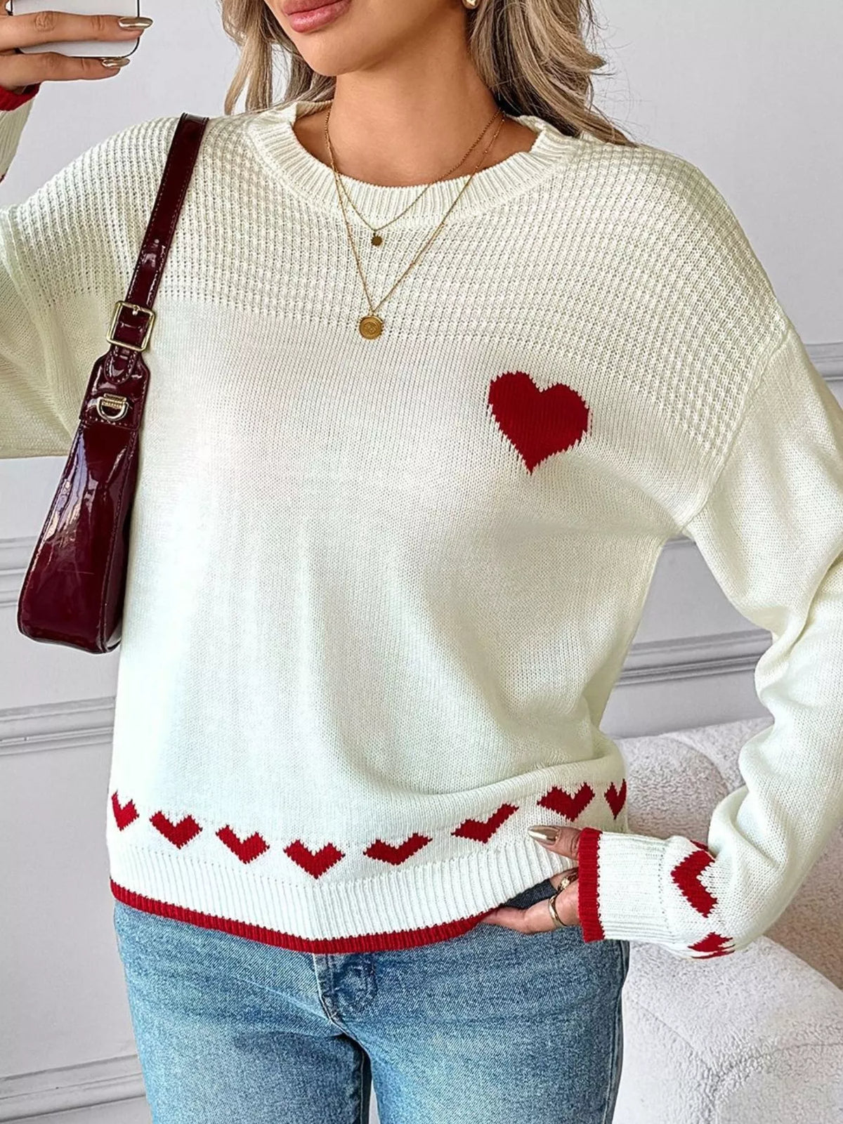 Heart Pattern Dropped Shoulder Sweater