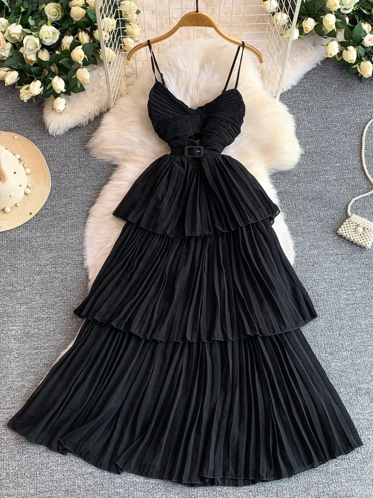 Pleated Layered Spaghetti Strap Midi Dress