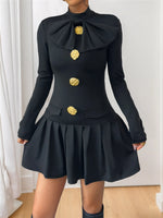 Decorative Button Mock Neck Long Sleeve Mini Dress - Ladyez