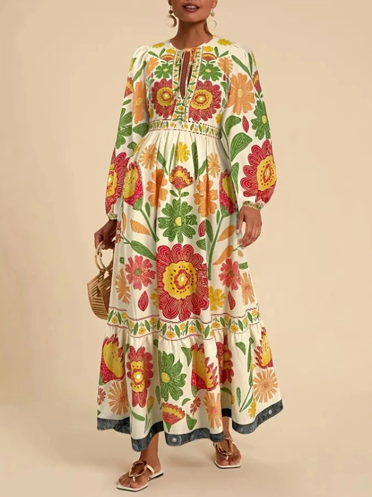 Floral Tie Waist Long Sleeve Dress