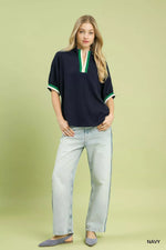 Umgee Textured Knit Top with Striped Contrast Trim