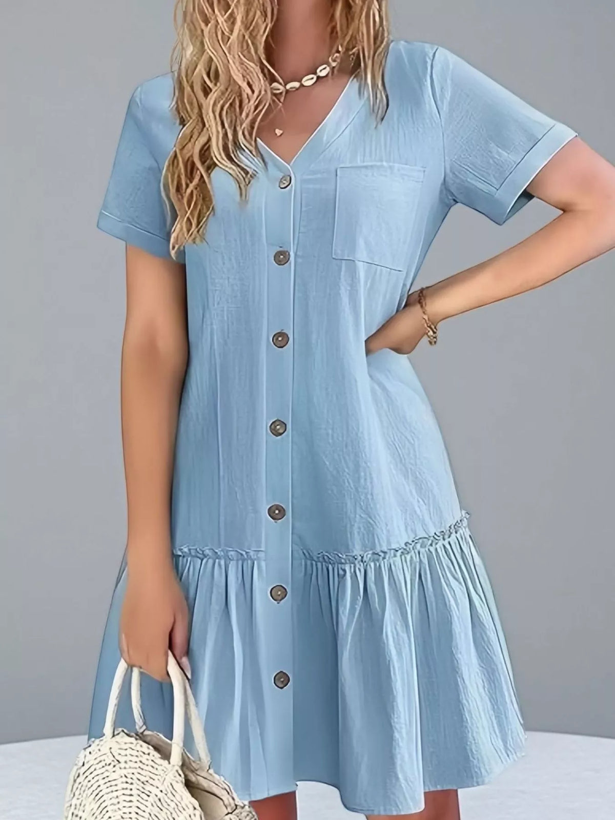 Full Size Button-Front Short Sleeve Tiered Dress Plus Size