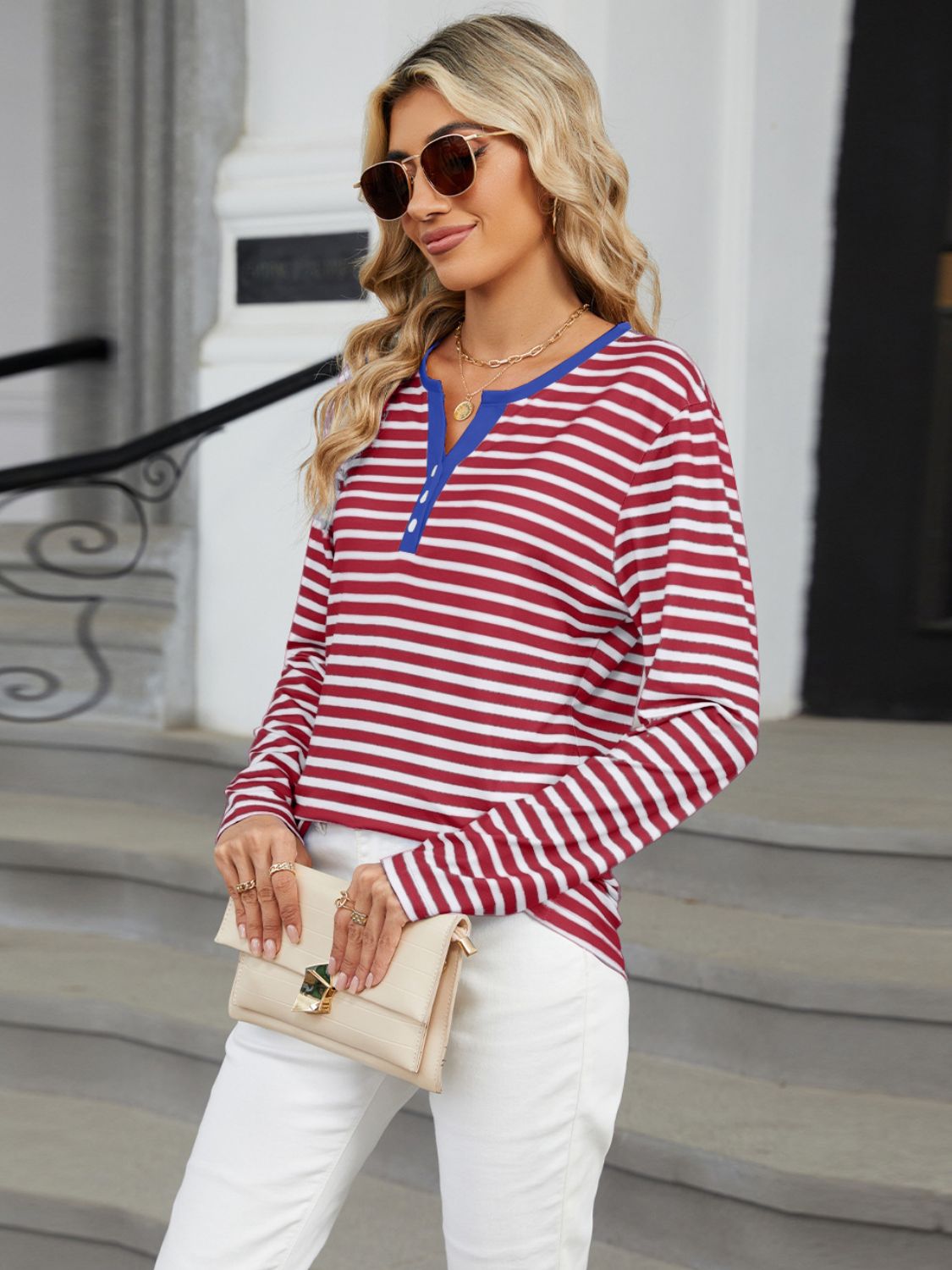 Striped Notched Long Sleeve T-Shirt - Ladyez