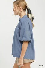 Umgee Chambray Scallop Hem Puff Sleeve Top