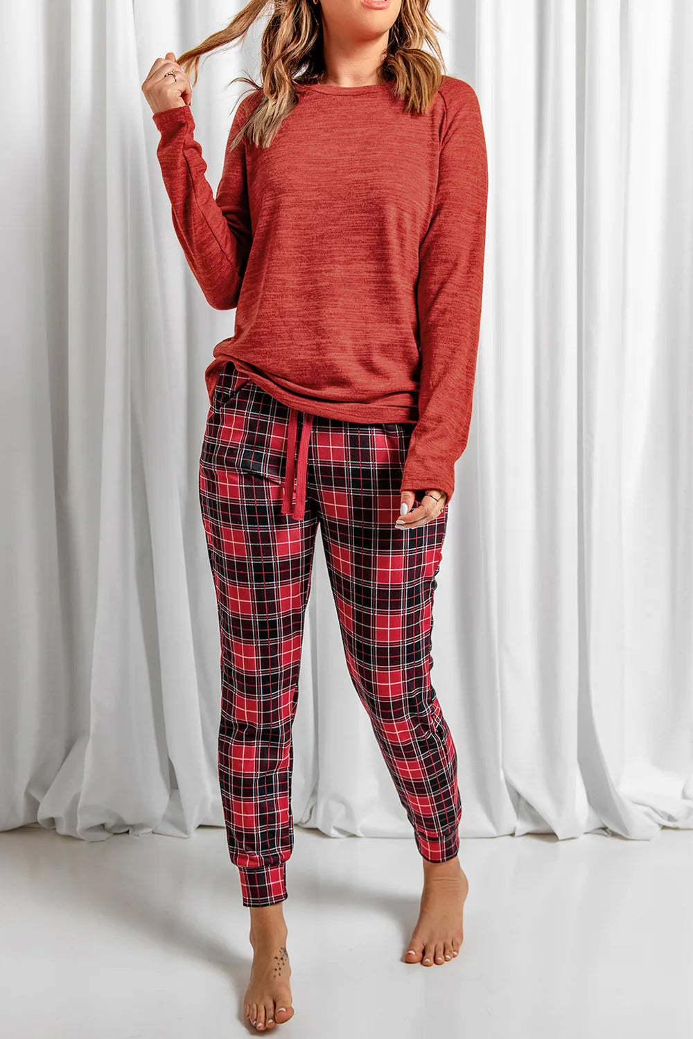 Round Neck Top and Drawstring Plaid Pants Lounge Set - Ladyez