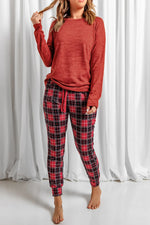 Round Neck Top and Drawstring Plaid Pants Lounge Set - Ladyez