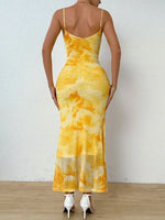 Tie-Dye Ruched Bodycon Mesh Cami Maxi Dress - Ladyez