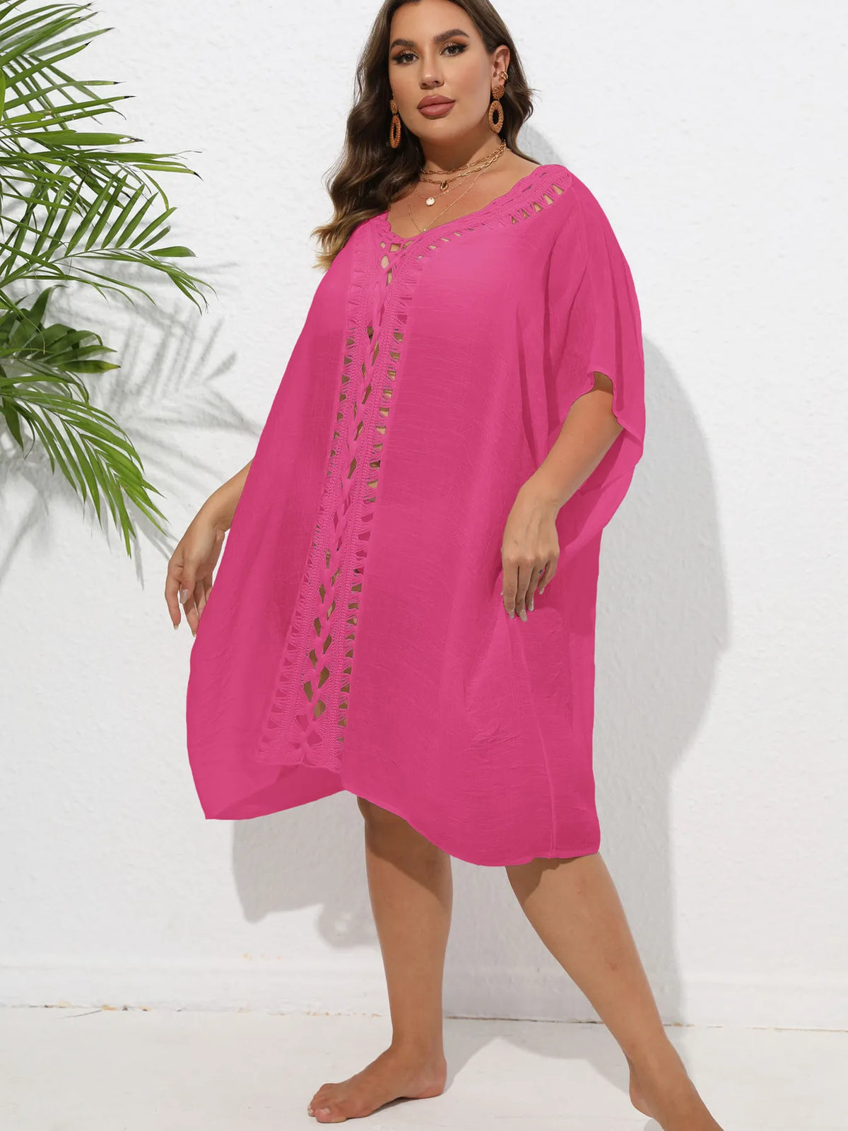 Crochet Trim V-Neck Beach Cover Up Dress - Ladyez