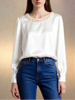 Pearl Trim Round Neck Silk Blouse