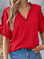 Ruffled V-Neck Short Sleeve Blouse - Ladyez