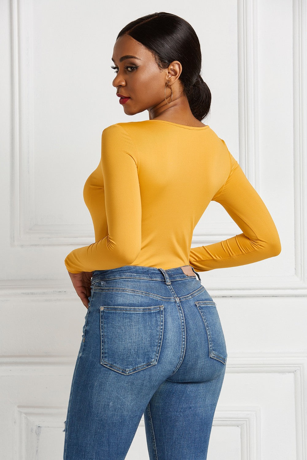 Half Zip Scoop Neck Long Sleeve Bodysuit - Ladyez