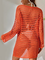 Openwork Boat Neck Long Sleeve Cover-Up - Ladyez