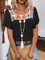Embroidered Square Neck Flutter Sleeve Blouse