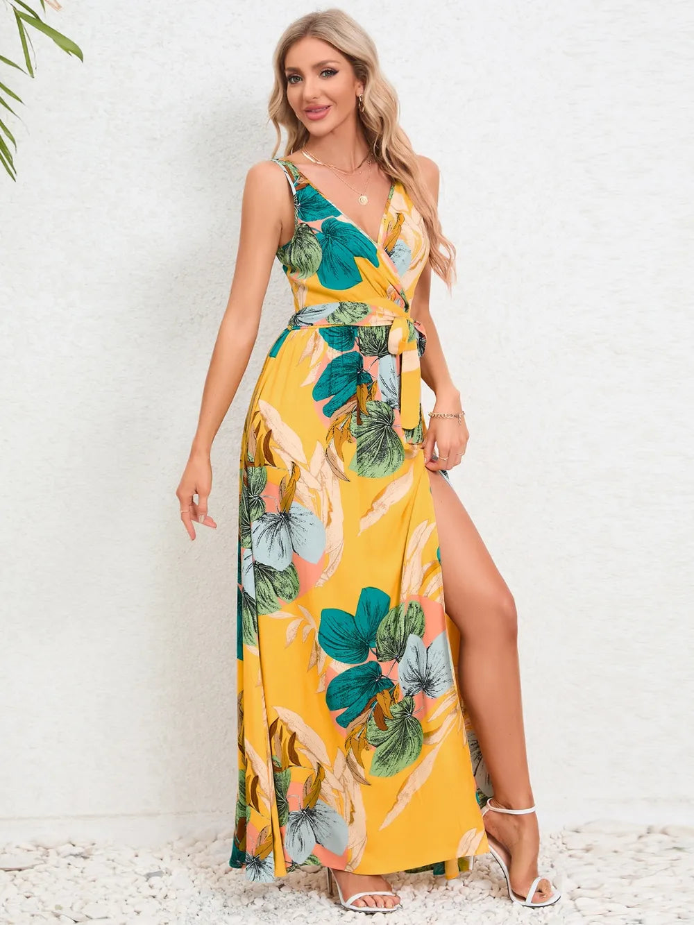 Slit Tied Printed Surplice Dress - Ladyez