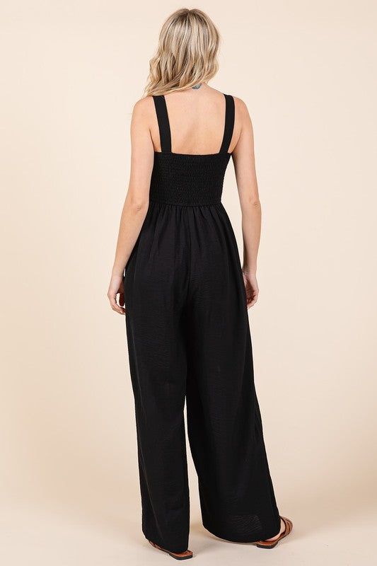 Mittoshop Smocked Wide Strap Wide Leg Overalls - Ladyez