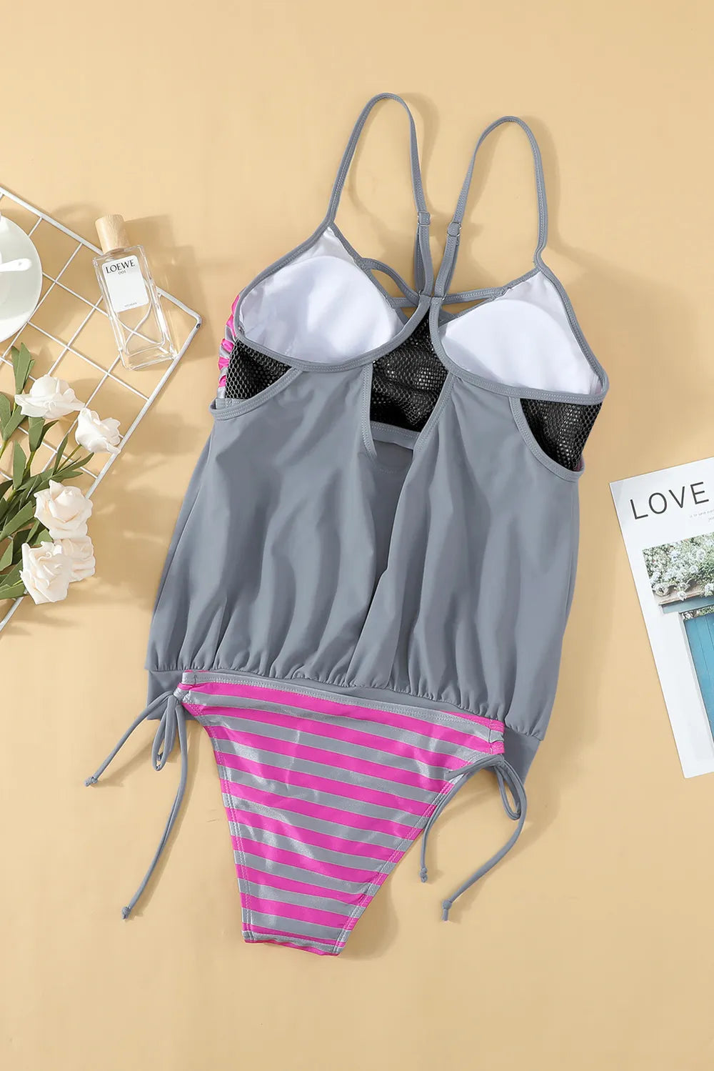 Crisscross Striped Spaghetti Strap Tankini Set - Ladyez