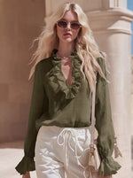Ruffled V-Neck Long Sleeve Blouse