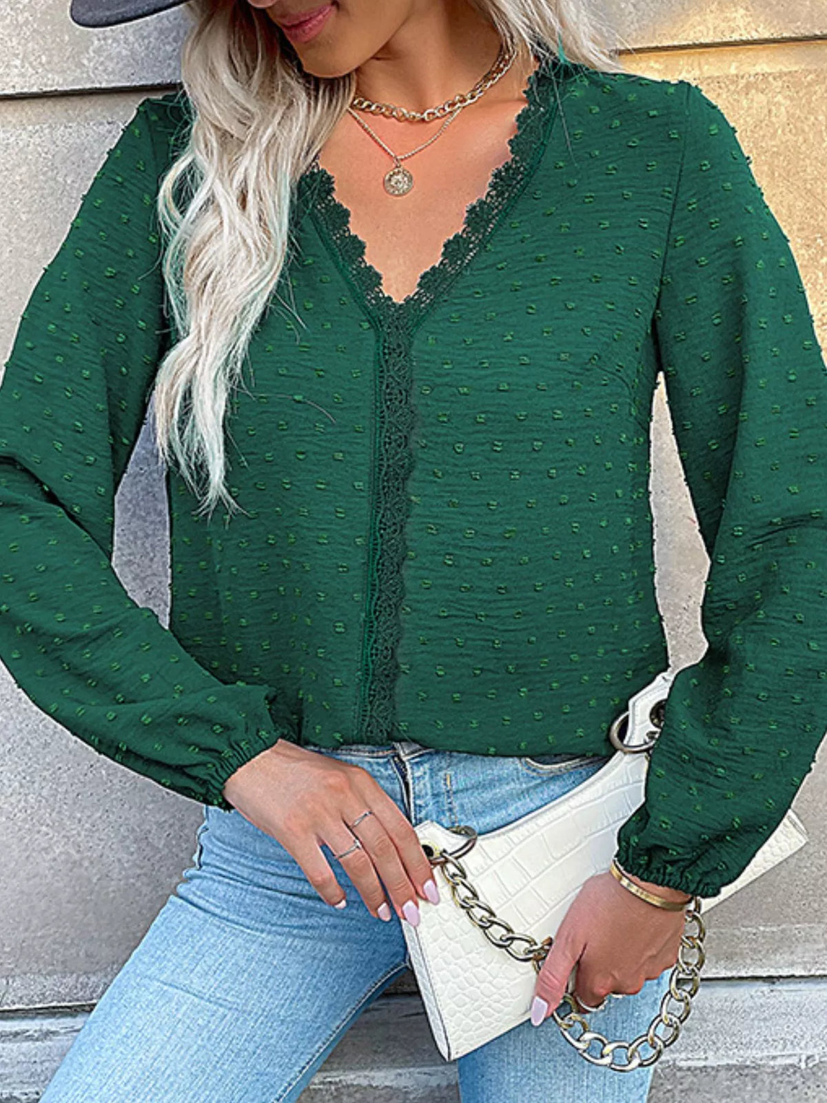 Lace Detail V-Neck Long Sleeve Blouse