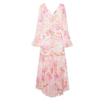 Summer Women Sexy Slim Printed Long Sleeve V neck Flounce Maxi Dress