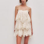 French Romantic Lace Strap Dress Layered Ruffled Backless Lace up Short Dress