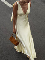 Satin Tie Shoulder Deep V-Neck Dress