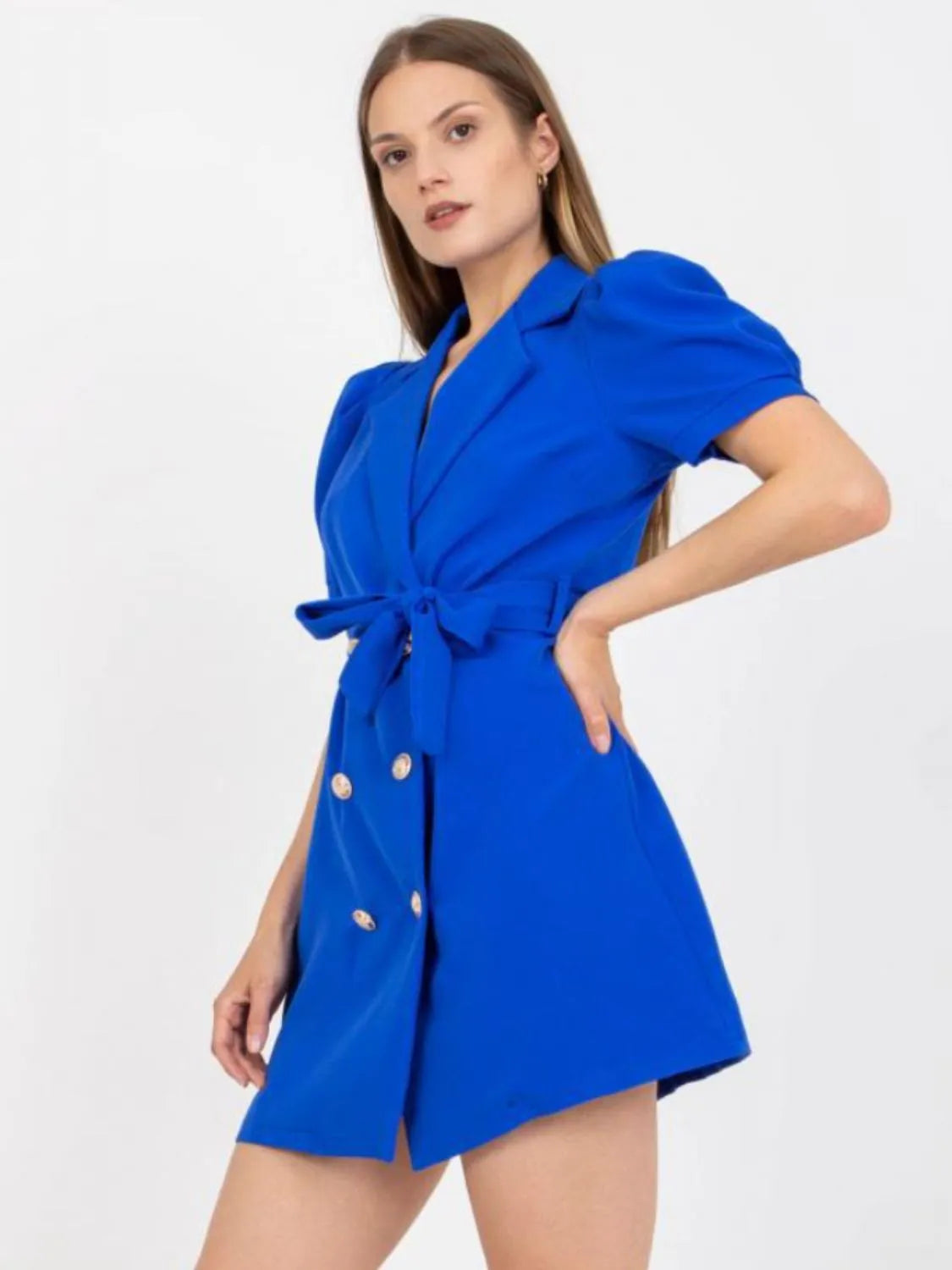 Tie Waist Short Sleeve Blazer Dress - Ladyez