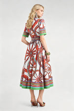 Women Summer Printed Collar Neck Blouse Paired With A Line Dress