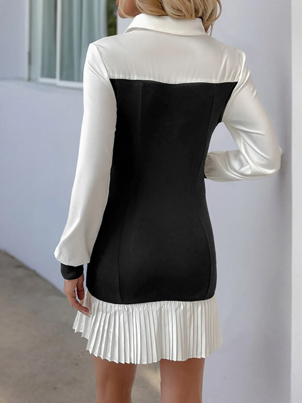 Two Tone Pleated Long Sleeve Shirt Dress - Ladyez