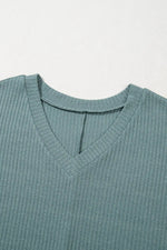 Oversized Ribbed Knit V Neck Dolman Short Sleeve Top