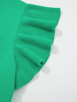Solid Color Ribbed Trim Round Neck Ruffle Short Sleeve Sweater