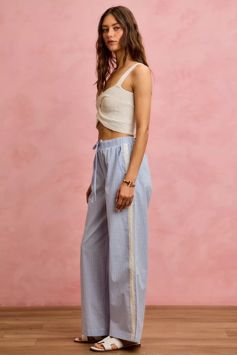 SO ME Wide CheckPants With Side Lace Trim And Piping