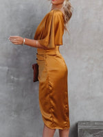 One-Shoulder Satin Wrap Dress with Side Slit - Ladyez
