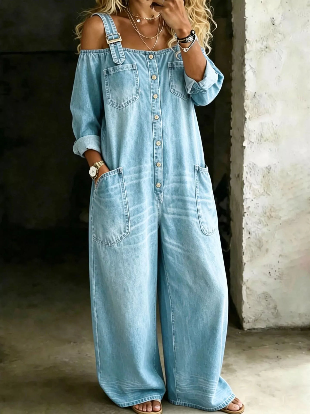 Full Size Button Front Wide-Leg Jumpsuit Plus Size