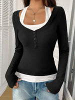 Contrast Long Sleeve Fake Two-Piece T-Shirt