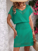 Openwork V-Neck Short Sleeve Cover-Up Dress - Ladyez