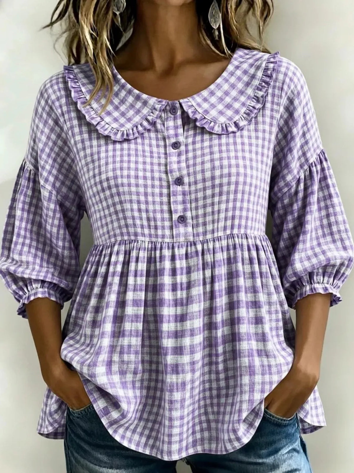 Full Size Gingham Peter Pan Collar Blouse Plus Size