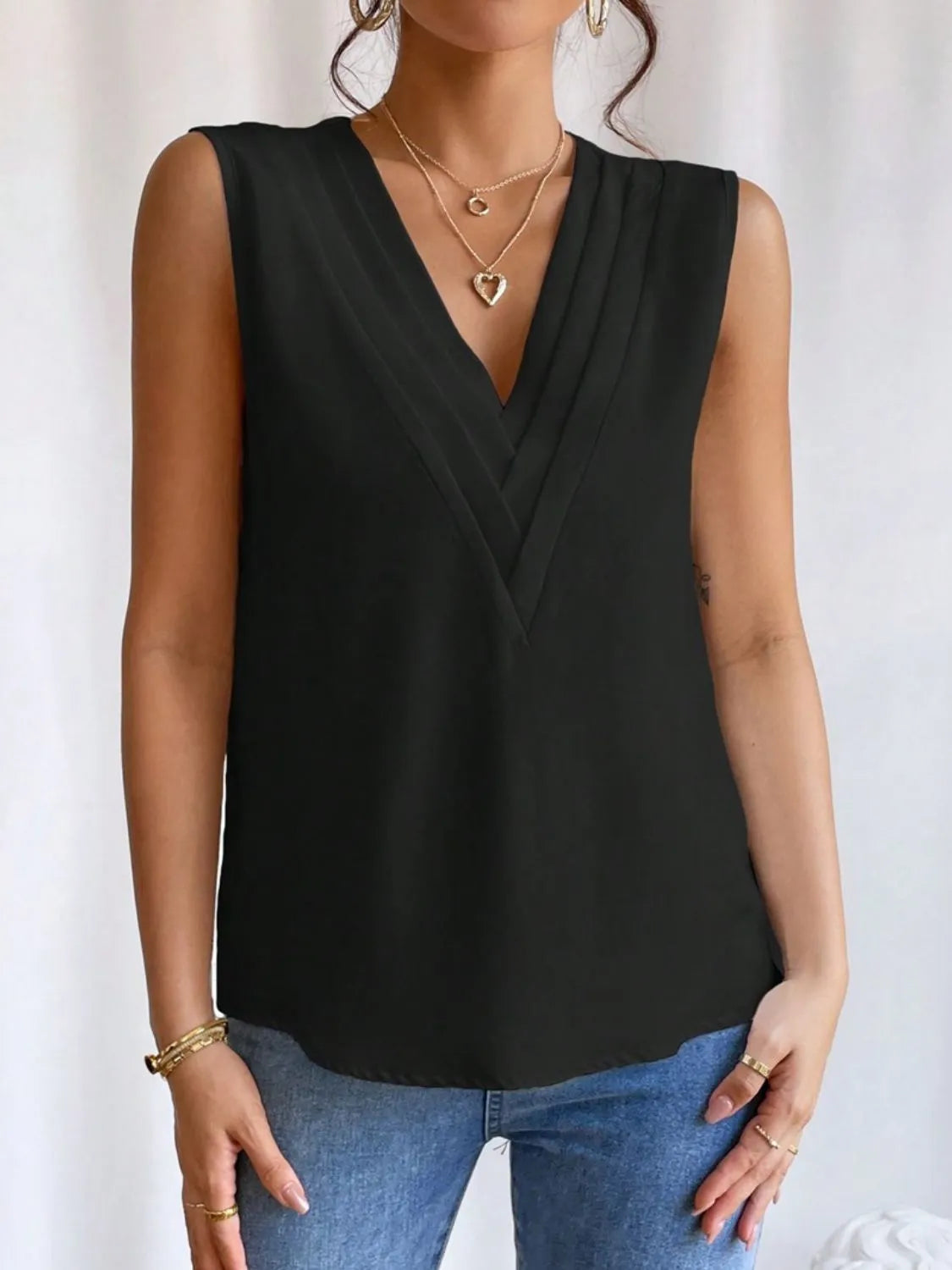 V-Neck Pleated Sleeveless Cami Tank Top - Ladyez
