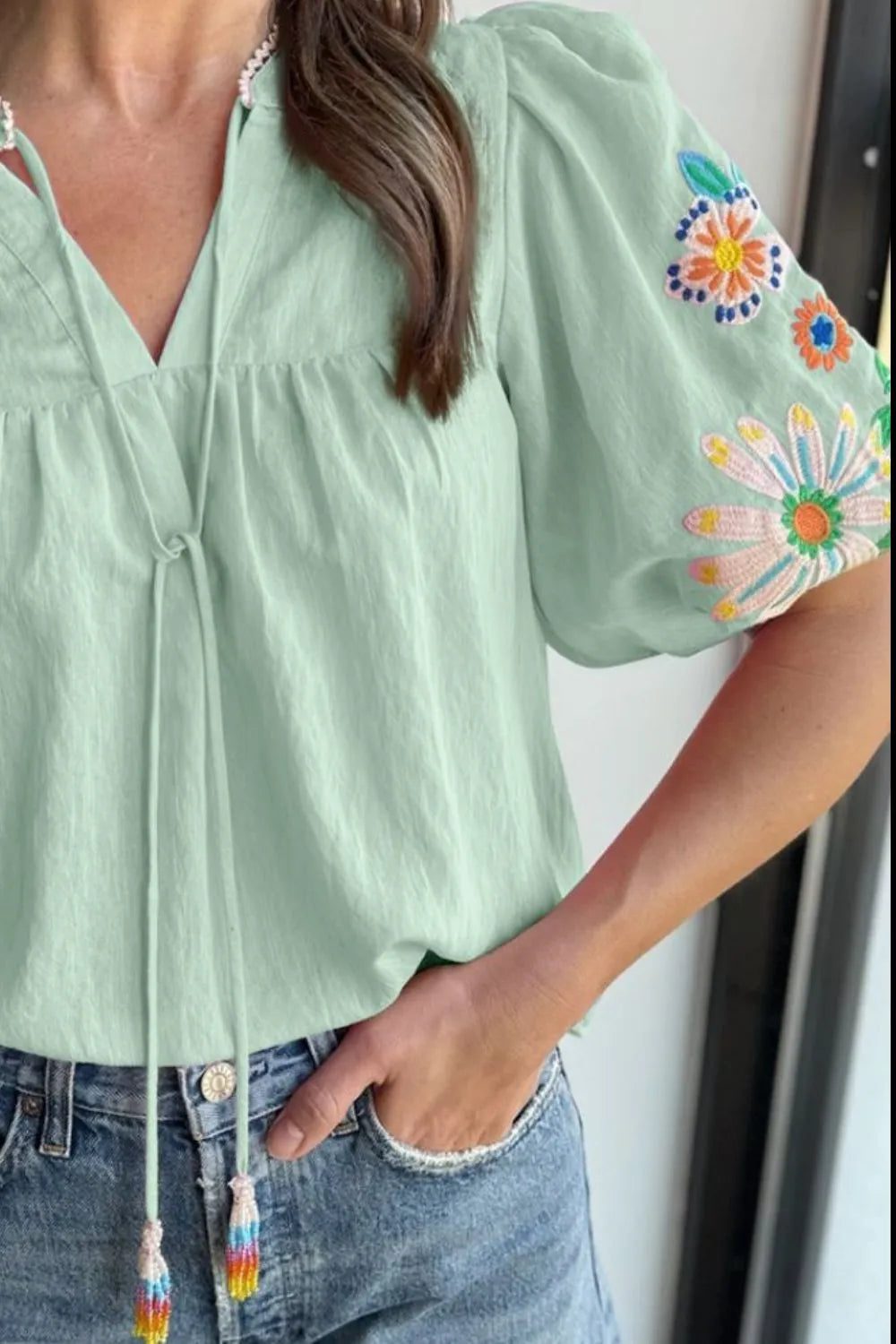 Embroidered Tie Neck Short Sleeve Blouse - Ladyez