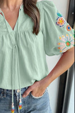 Embroidered Tie Neck Short Sleeve Blouse - Ladyez