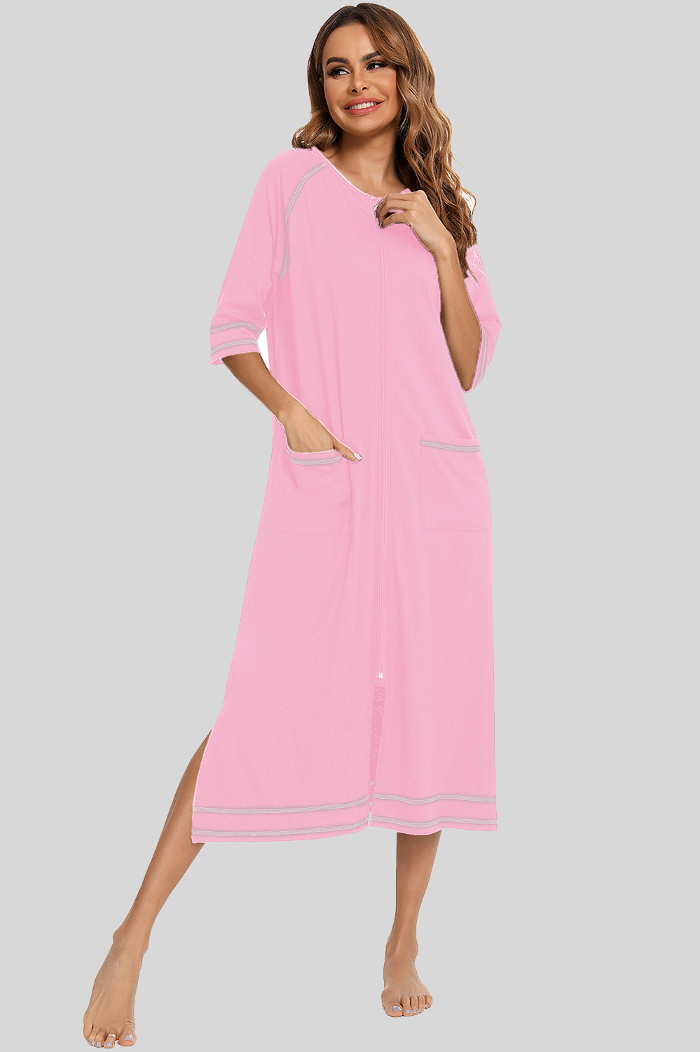 Zip Up Slit Round Neck Night Dress with Pockets - Ladyez
