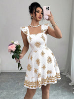 Printed Bow Back Square Neck Mini Dress