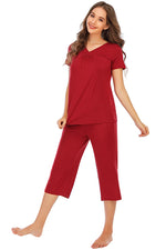 V-Neck Short Sleeve Top and Pants Lounge Set - Ladyez