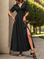 Perfee Lace Detail Slit V-Neck Short Sleeve Dress - Ladyez