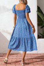 Ditsy Floral Print Smocked Square Neck Ruffle Short Sleeve Dress