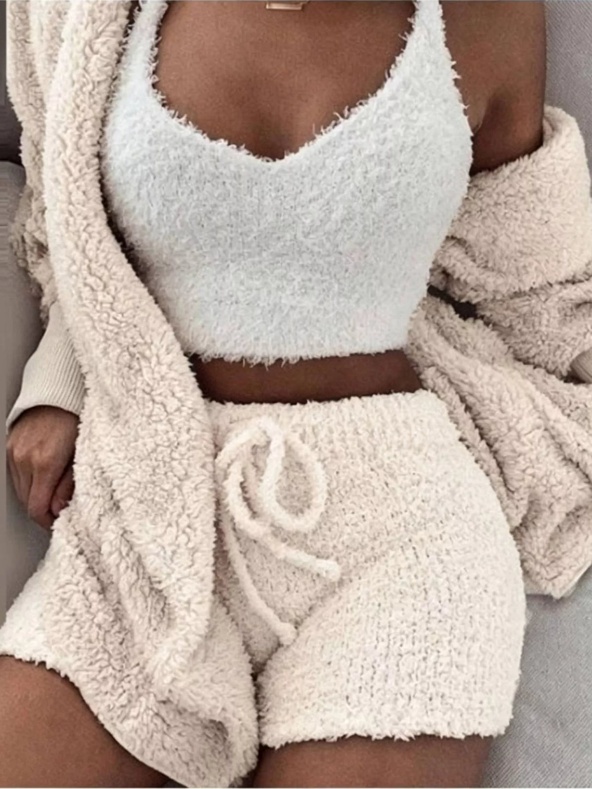 Full Size 3-Piece Fuzzy Plush Cardigan and Shorts Lounge Set with Crop Top Plus Size