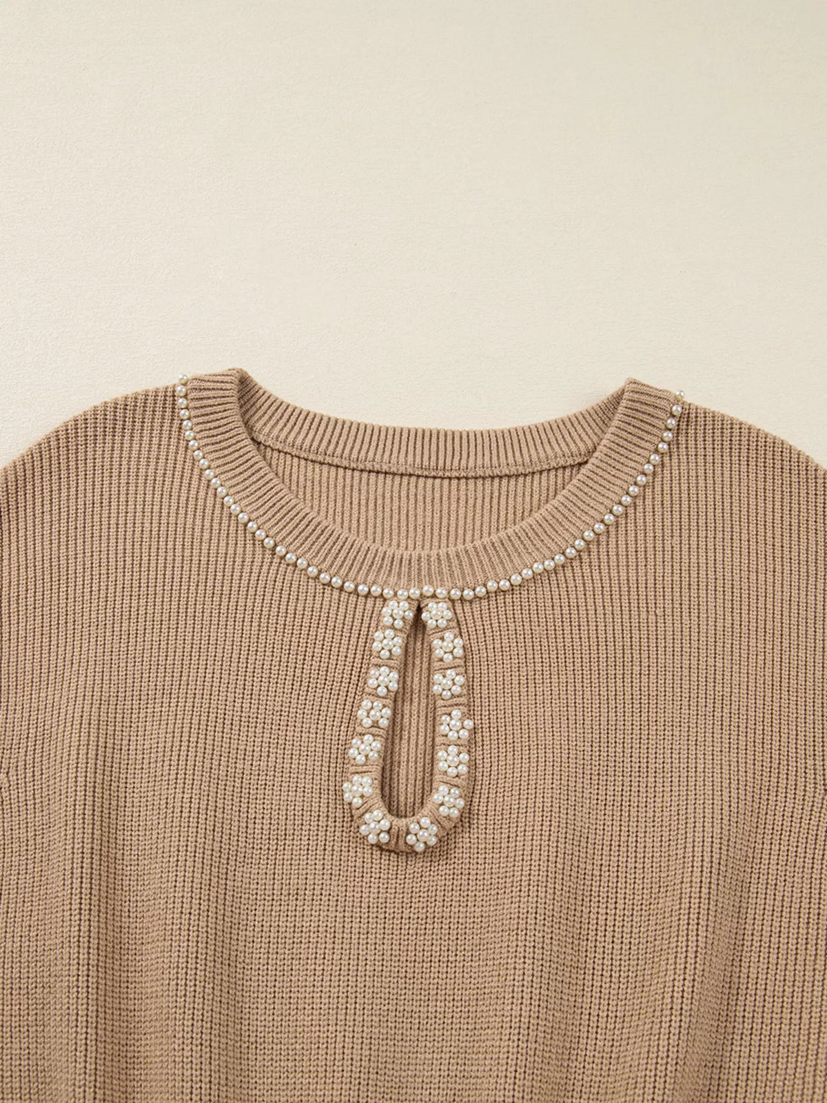 Pearl Embellished Keyhole Ribbed Sweater Dress