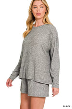 Zenana Soft Melange Long Sleeve Tee and Shorts Set